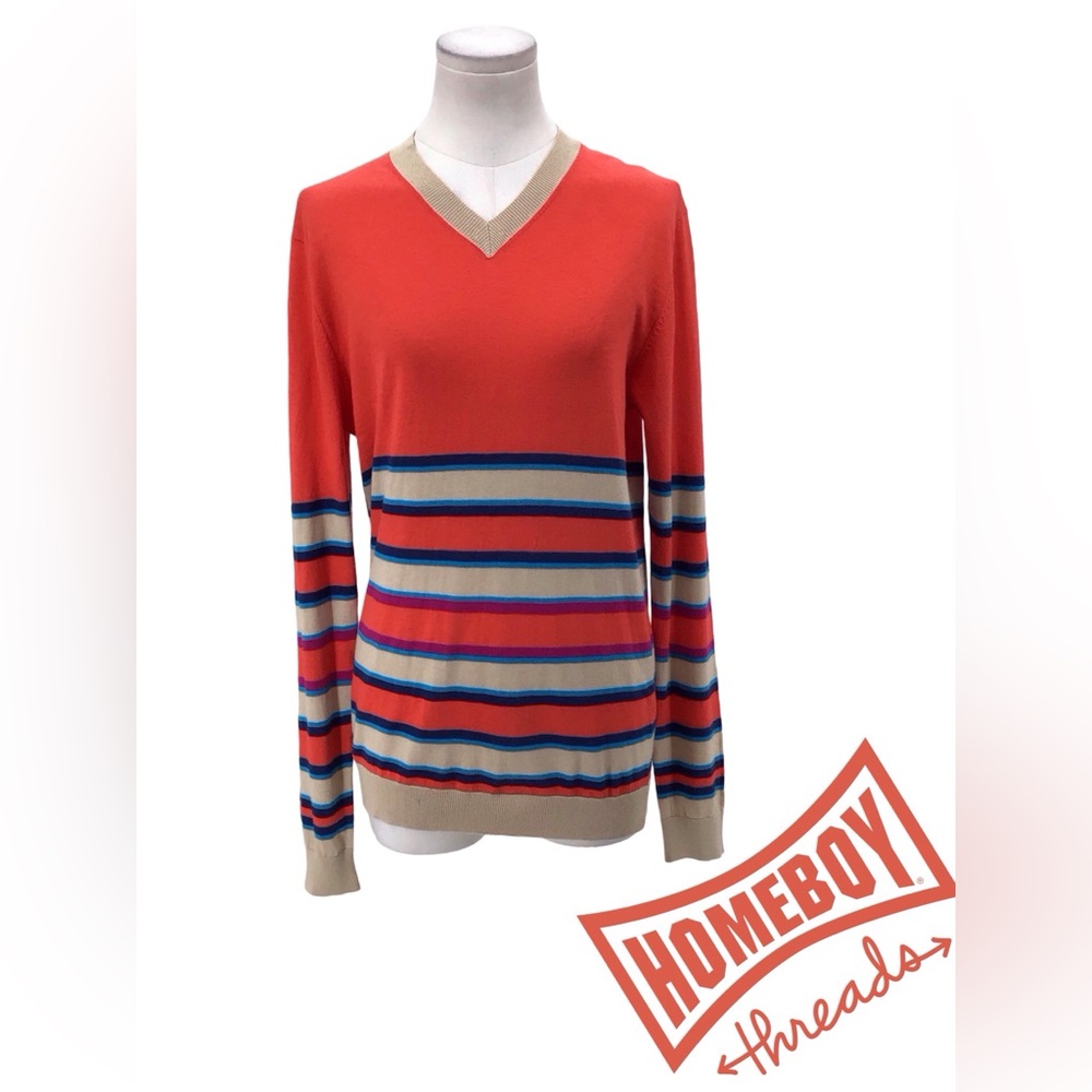 Marc Jacob’s Vibrant Red and Blue V-Neck Sweater with Stripes